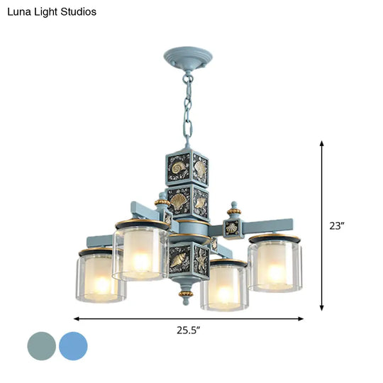 Modern Sky Blue Dual Cylinder Chandelier With Nordic Design - 4 Bulbs Clear And Opal Glass Down