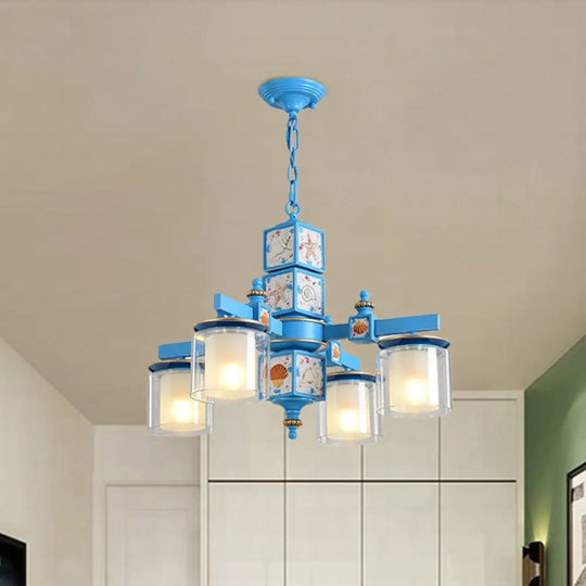 Modern Sky Blue Dual Cylinder Chandelier With Nordic Design - 4 Bulbs Clear And Opal Glass Down