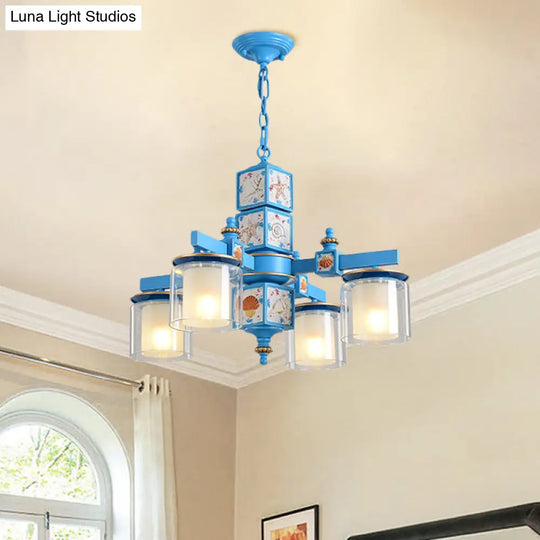 Modern Sky Blue Dual Cylinder Chandelier With Nordic Design - 4 Bulbs Clear And Opal Glass Down