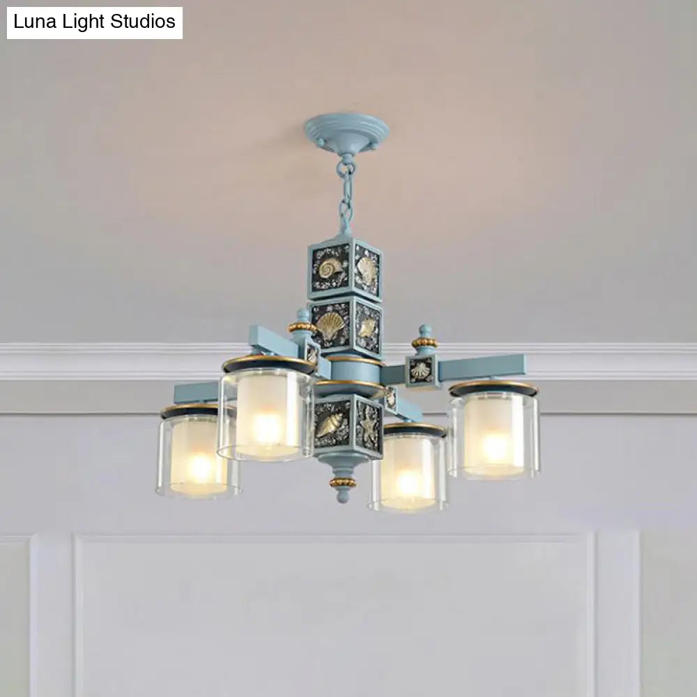 Modern Sky Blue Dual Cylinder Chandelier With Nordic Design - 4 Bulbs Clear And Opal Glass Down