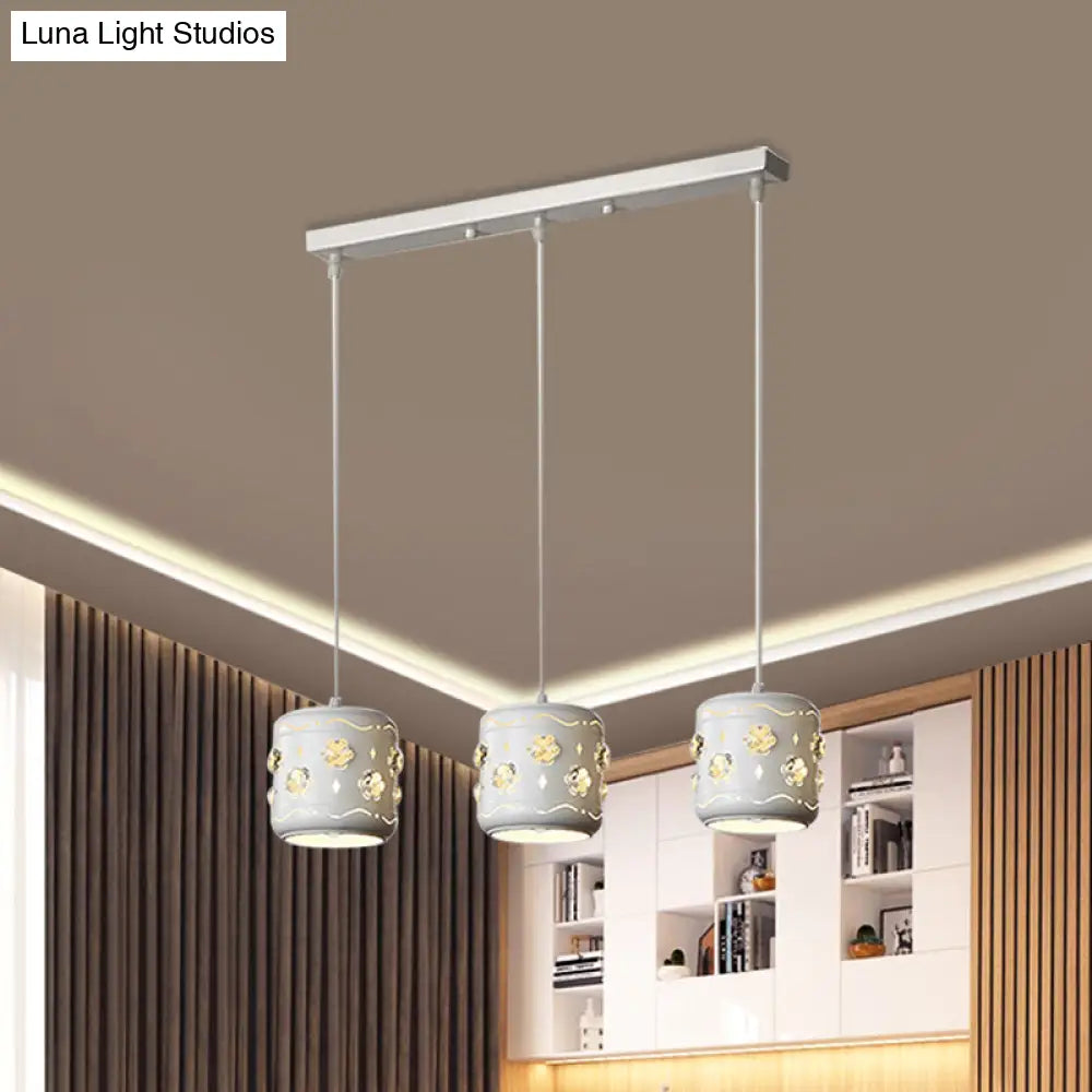 Modern Small Drum Crystal Pendant With 3 White Bulbs - Flower Cluster Ceiling Light