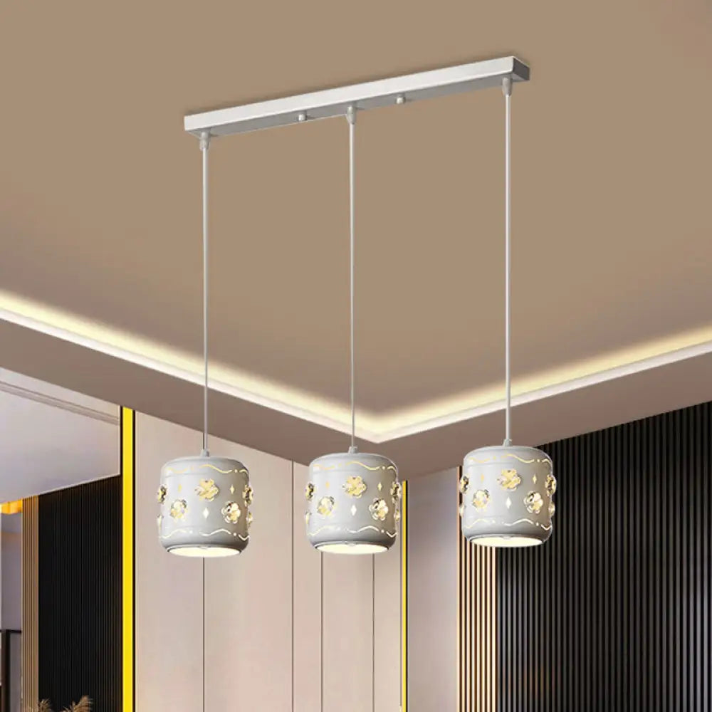 Modern Small Drum Crystal Pendant With 3 White Bulbs - Flower Cluster Ceiling Light