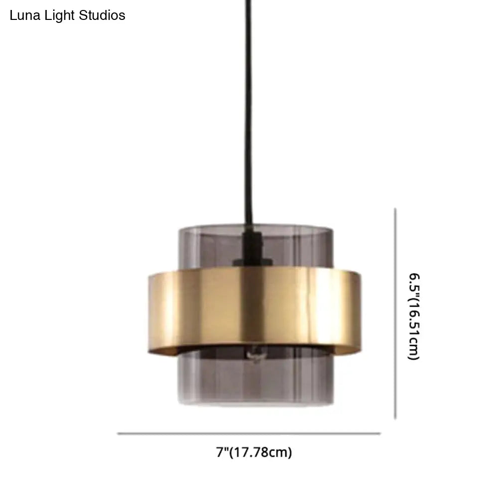 Modern Smoke Glass Pendant Light With Metal Ring - Cylindrical Minimalist Design