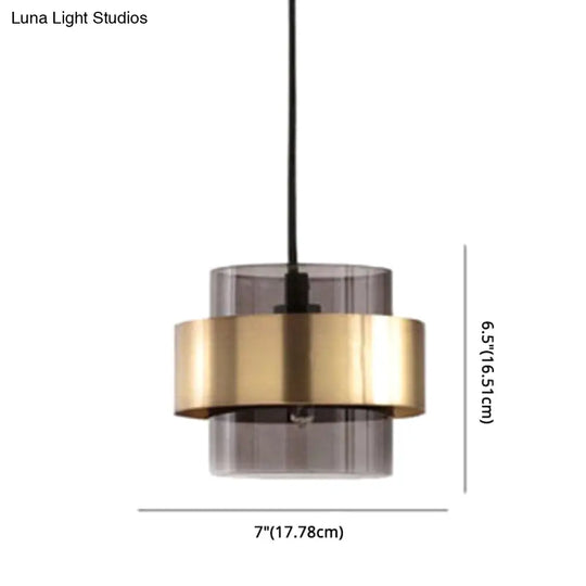 Modern Smoke Glass Pendant Light With Metal Ring - Cylindrical Minimalist Design