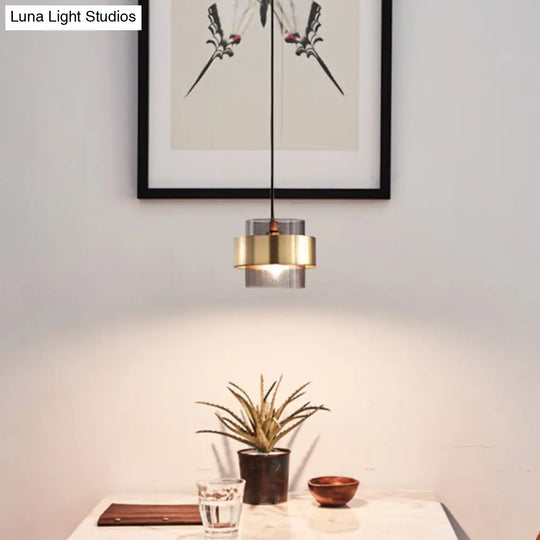 Modern Smoke Glass Pendant Light With Metal Ring - Cylindrical Minimalist Design