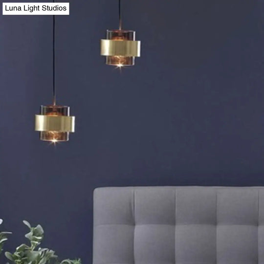 Modern Smoke Glass Pendant Light With Metal Ring - Cylindrical Minimalist Design