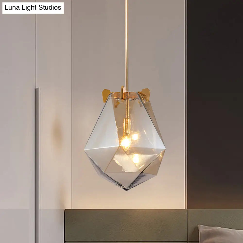 Modern Smoke Gray/Cognac Pendant Lamp With Geometric Glass Shade For Bedroom 10’/14’ Wide