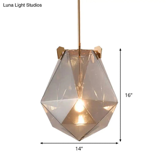 Modern Smoke Gray/Cognac Pendant Lamp With Geometric Glass Shade For Bedroom 10’/14’ Wide