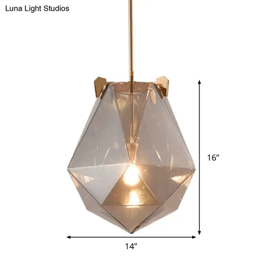 Modern 1 Light Bedroom Pendant Lamp - Smoke Gray/Cognac Geometric Glass Shade 10/14 Wide