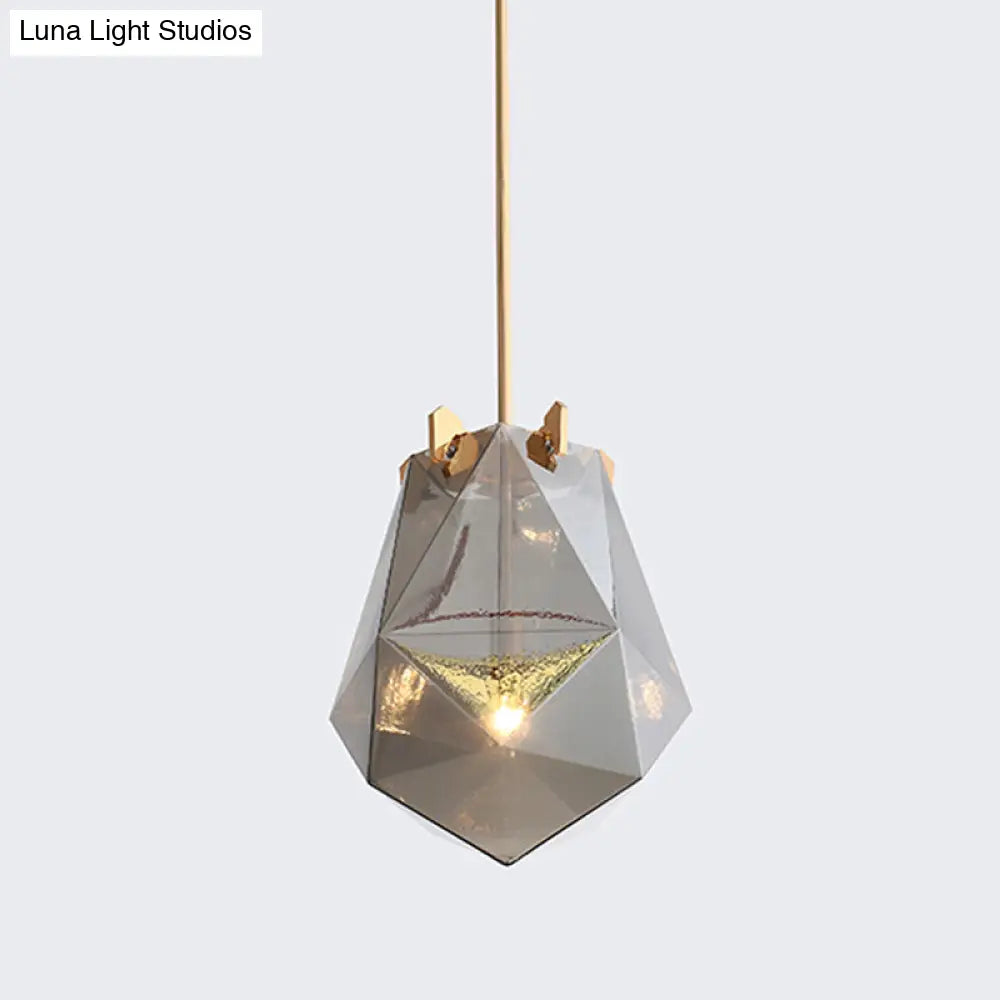 Modern 1 Light Bedroom Pendant Lamp - Smoke Gray/Cognac Geometric Glass Shade 10/14 Wide