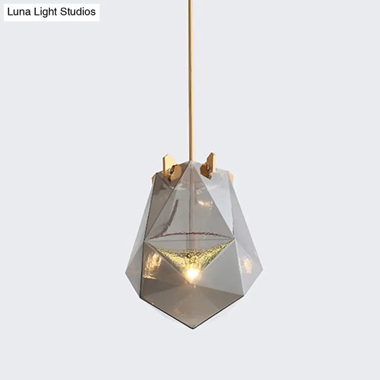 Modern 1 Light Bedroom Pendant Lamp - Smoke Gray/Cognac Geometric Glass Shade 10/14 Wide