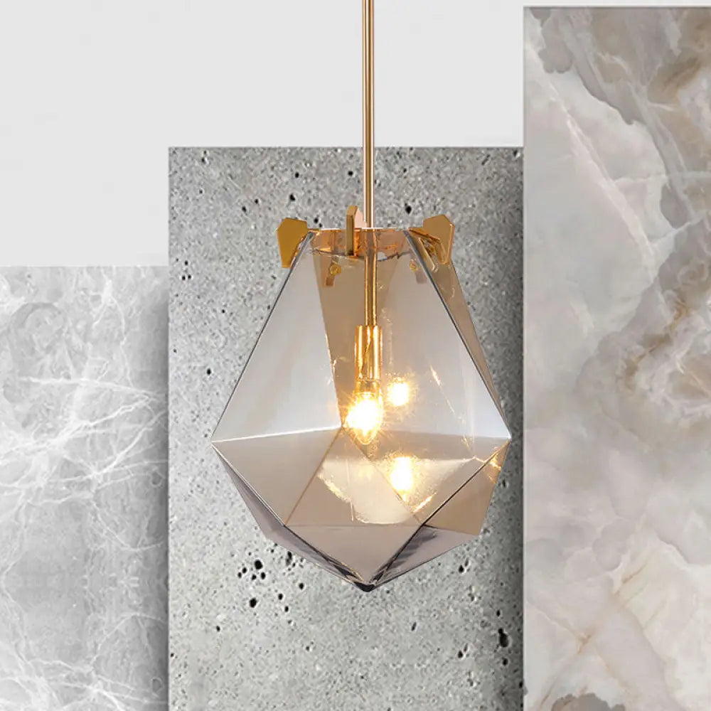 Modern Smoke Gray/Cognac Pendant Lamp With Geometric Glass Shade For Bedroom 10’/14’ Wide