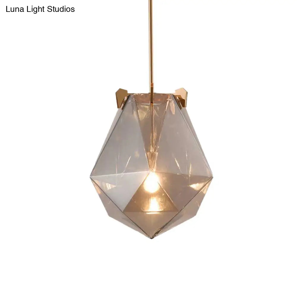 Modern 1 Light Bedroom Pendant Lamp - Smoke Gray/Cognac Geometric Glass Shade 10/14 Wide