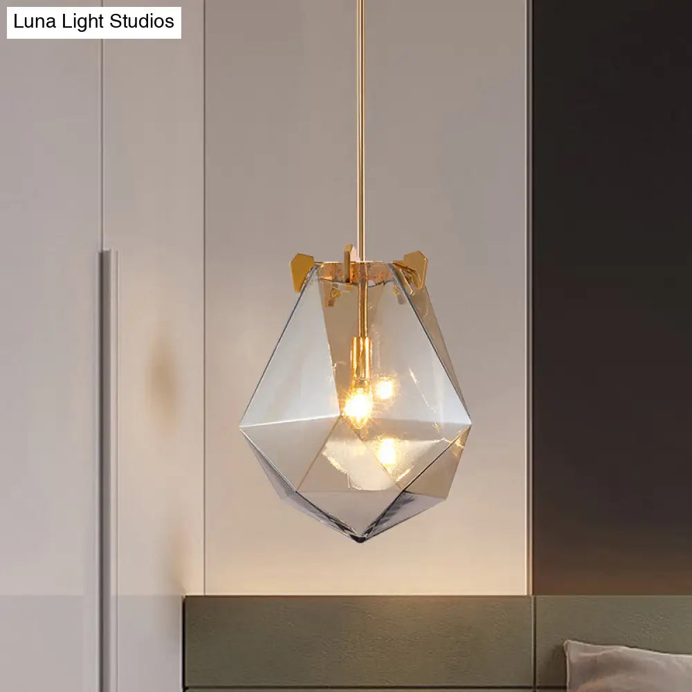 Modern 1 Light Bedroom Pendant Lamp - Smoke Gray/Cognac Geometric Glass Shade 10/14 Wide