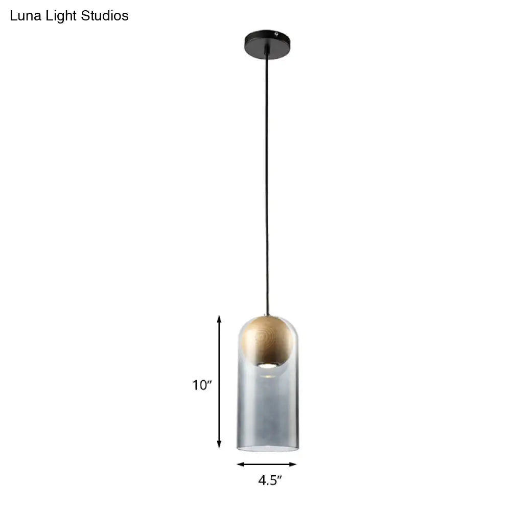 Modern Smoke Gray Glass Cylinder Pendant Light Fixture With Globe Wood Shade - Perfect For Dining