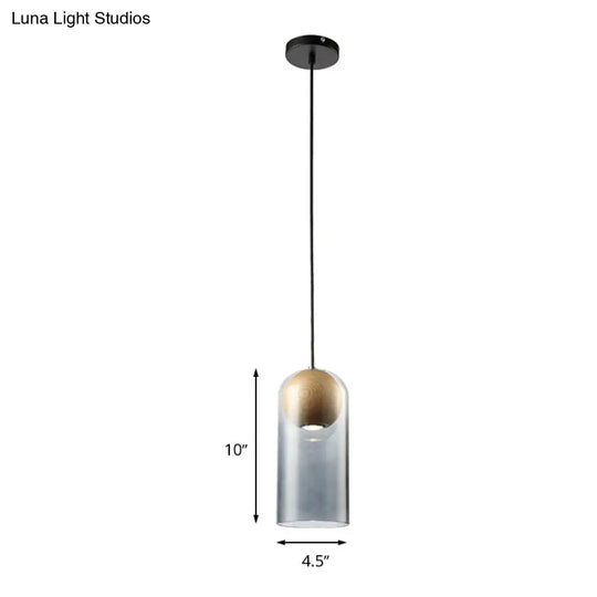 Modern Smoke Gray Glass Cylinder Pendant Light Fixture With Globe Wood Shade - Perfect For Dining