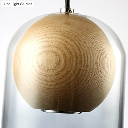 Modern Smoke Gray Glass Cylinder Pendant Light Fixture With Globe Wood Shade - Perfect For Dining