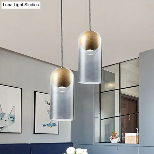 Modern Smoke Gray Glass Cylinder Pendant Light Fixture With Globe Wood Shade - Perfect For Dining