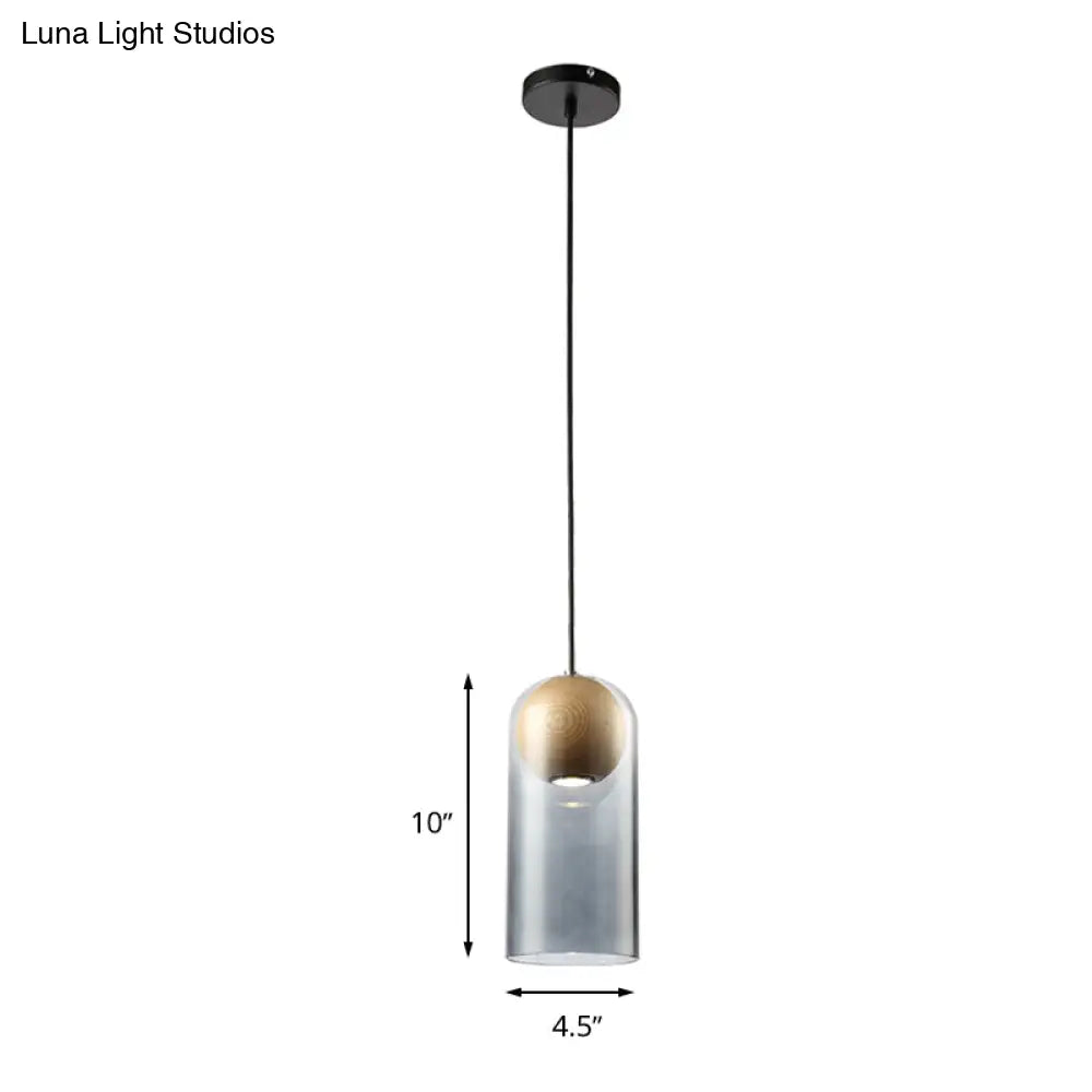 Modern Smoke Gray Glass Cylinder Pendant Light Fixture With Wood Globe Shade - Ideal For Dining Room