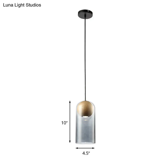 Modern Smoke Gray Glass Cylinder Pendant Light Fixture With Wood Globe Shade - Ideal For Dining Room