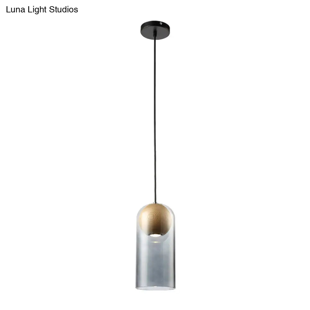 Modern Smoke Gray Glass Cylinder Pendant Light Fixture With Wood Globe Shade - Ideal For Dining Room