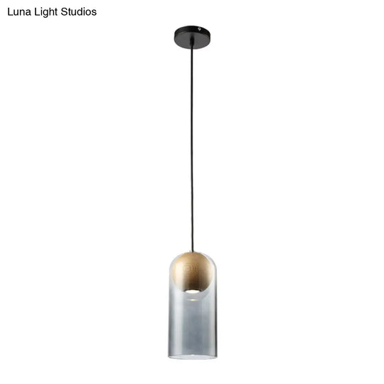 Modern Smoke Gray Glass Cylinder Pendant Light Fixture With Wood Globe Shade - Ideal For Dining Room