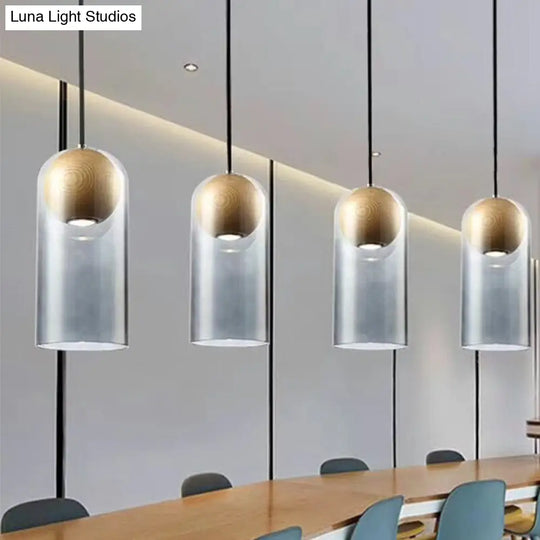 Modern Smoke Gray Glass Cylinder Pendant Light Fixture With Globe Wood Shade - Perfect For Dining