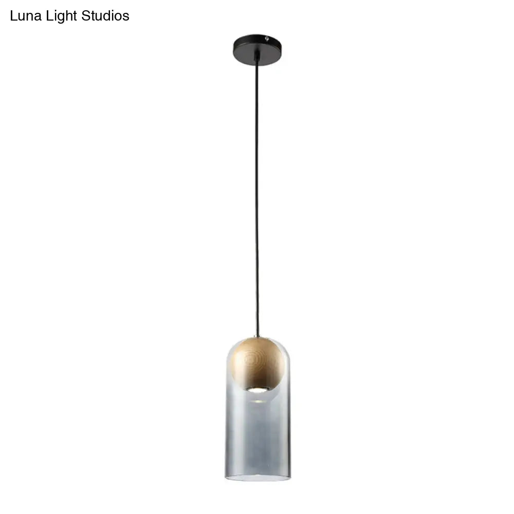 Modern Smoke Gray Glass Cylinder Pendant Light Fixture With Globe Wood Shade - Perfect For Dining