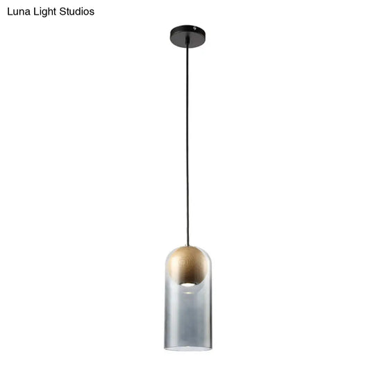 Modern Smoke Gray Glass Cylinder Pendant Light Fixture With Globe Wood Shade - Perfect For Dining