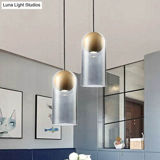 Modern Smoke Gray Glass Cylinder Pendant Light Fixture With Wood Globe Shade - Ideal For Dining Room