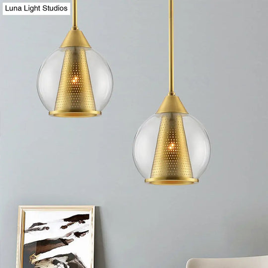 Modern Smoke Gray Glass Sphere Pendant Light With Gold Metal Shade - Perfect For Dining Room