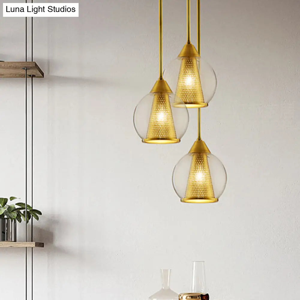 Modern Smoke Gray Glass Sphere Pendant Light With Gold Metal Shade - Perfect For Dining Room