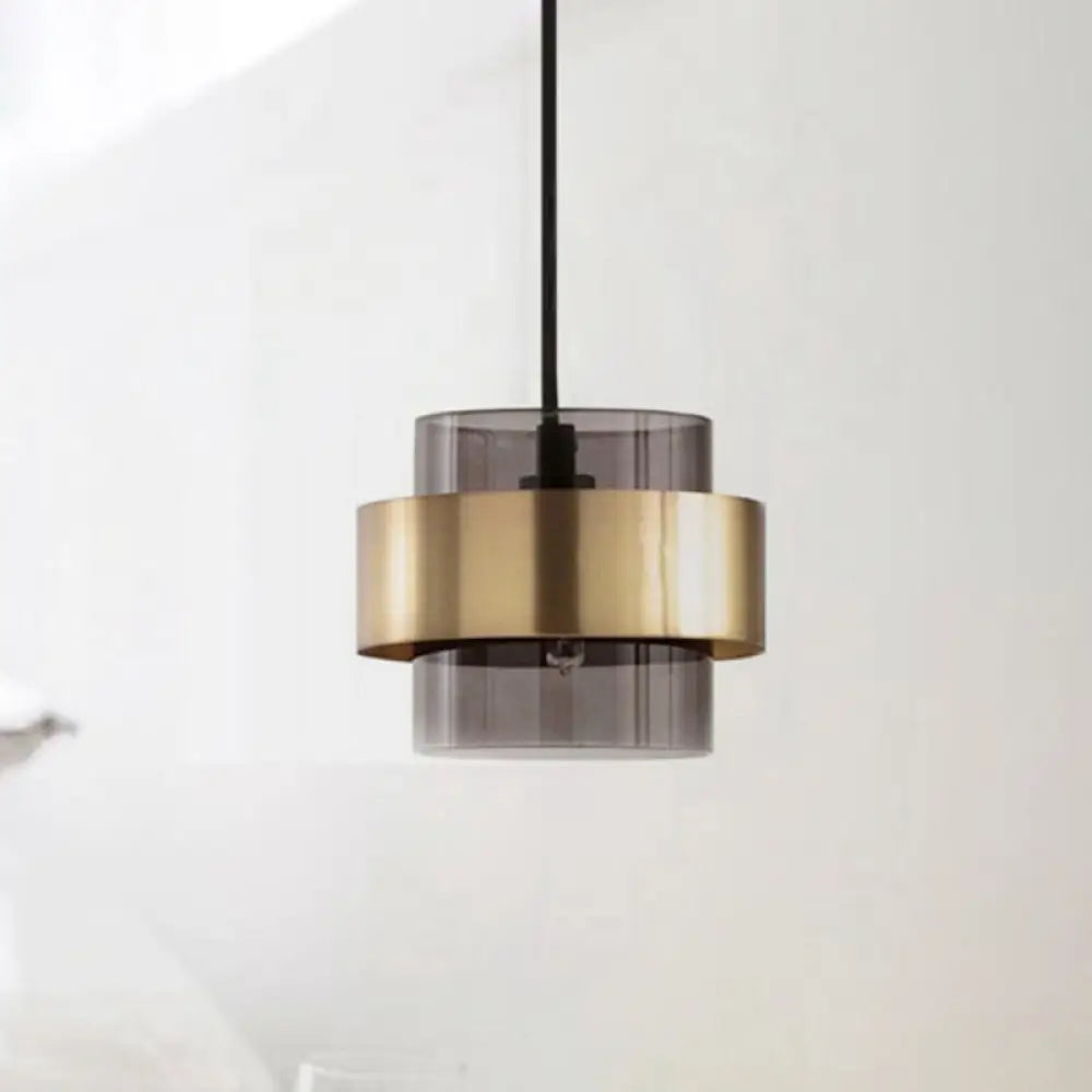 Modern Smoke Gray Glass Pendant Light With Gold Accent - Cylinder Design