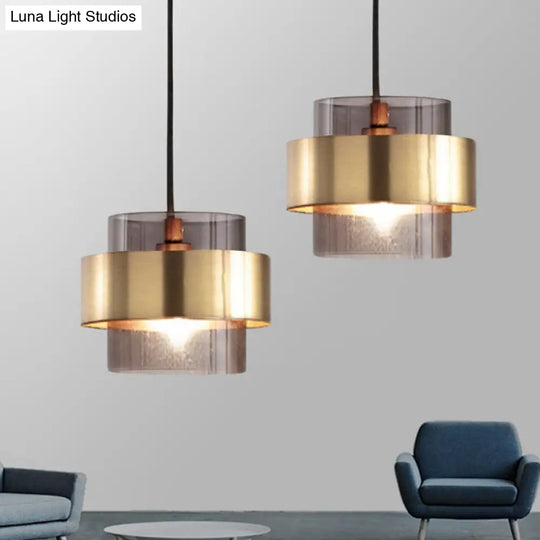 Modern Smoke Gray Glass Pendant Light With Gold Accent - Cylinder Design