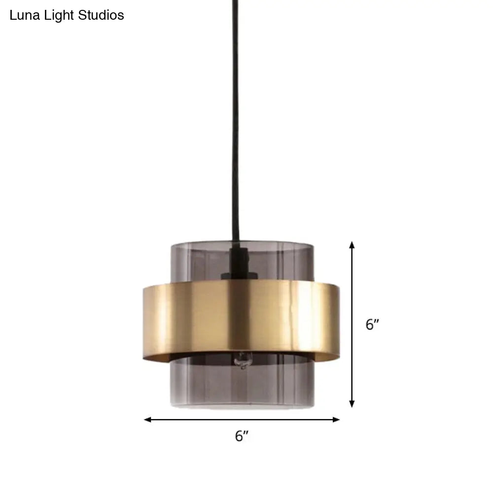 Modern Smoke Gray Glass Cylinder Pendant Light With Gold Accents