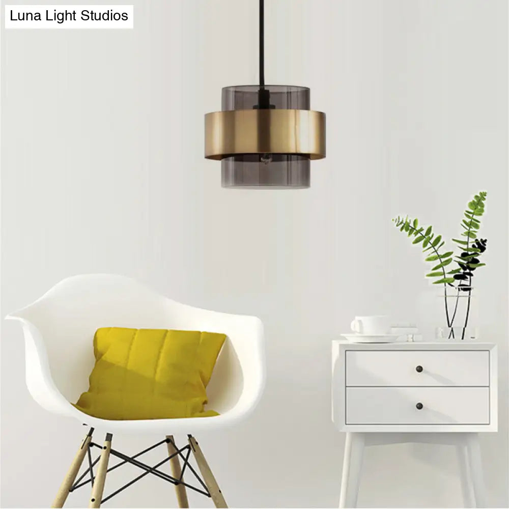 Modern Smoke Gray Glass Pendant Light With Gold Accent - Cylinder Design