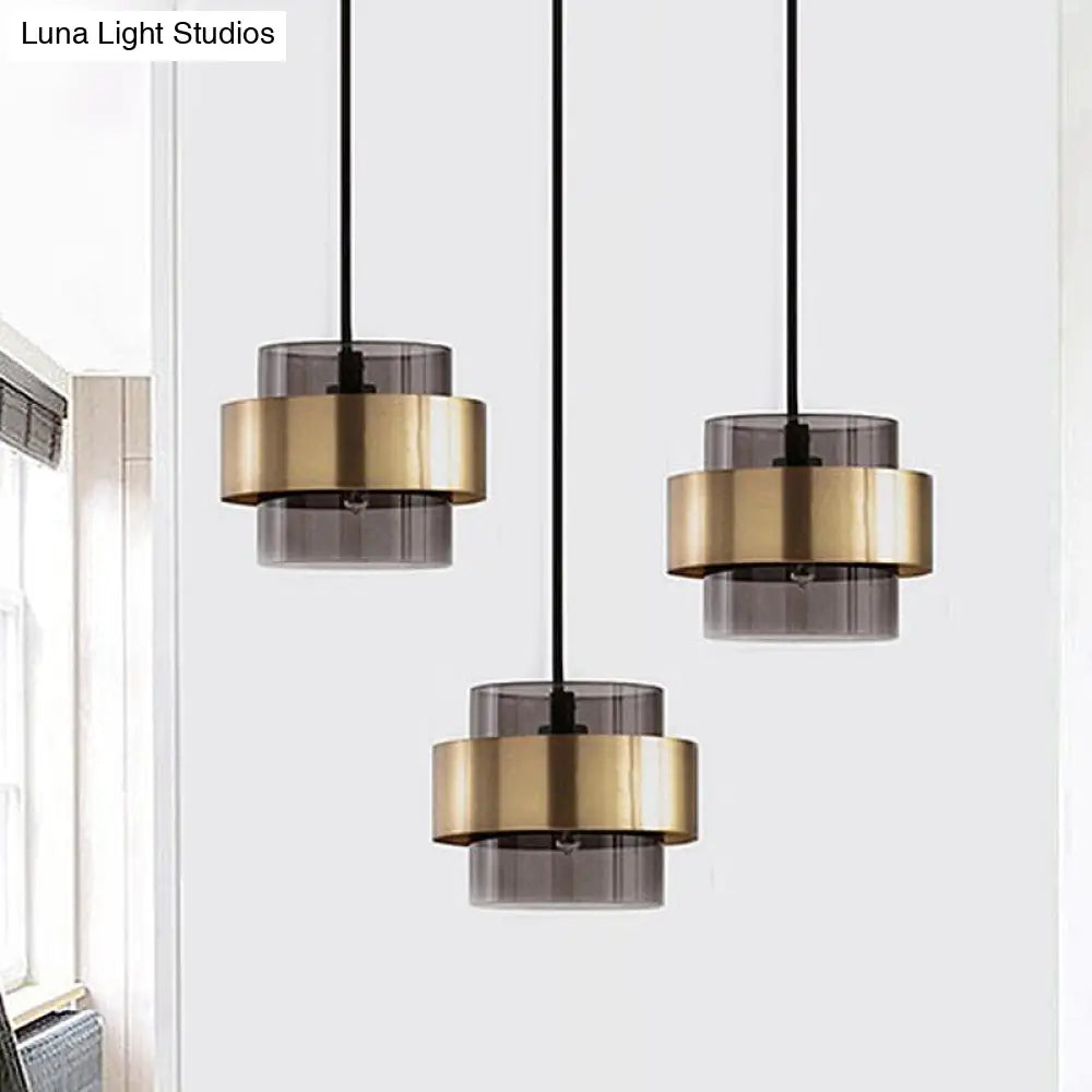 Modern Smoke Gray Glass Pendant Light With Gold Accent - Cylinder Design