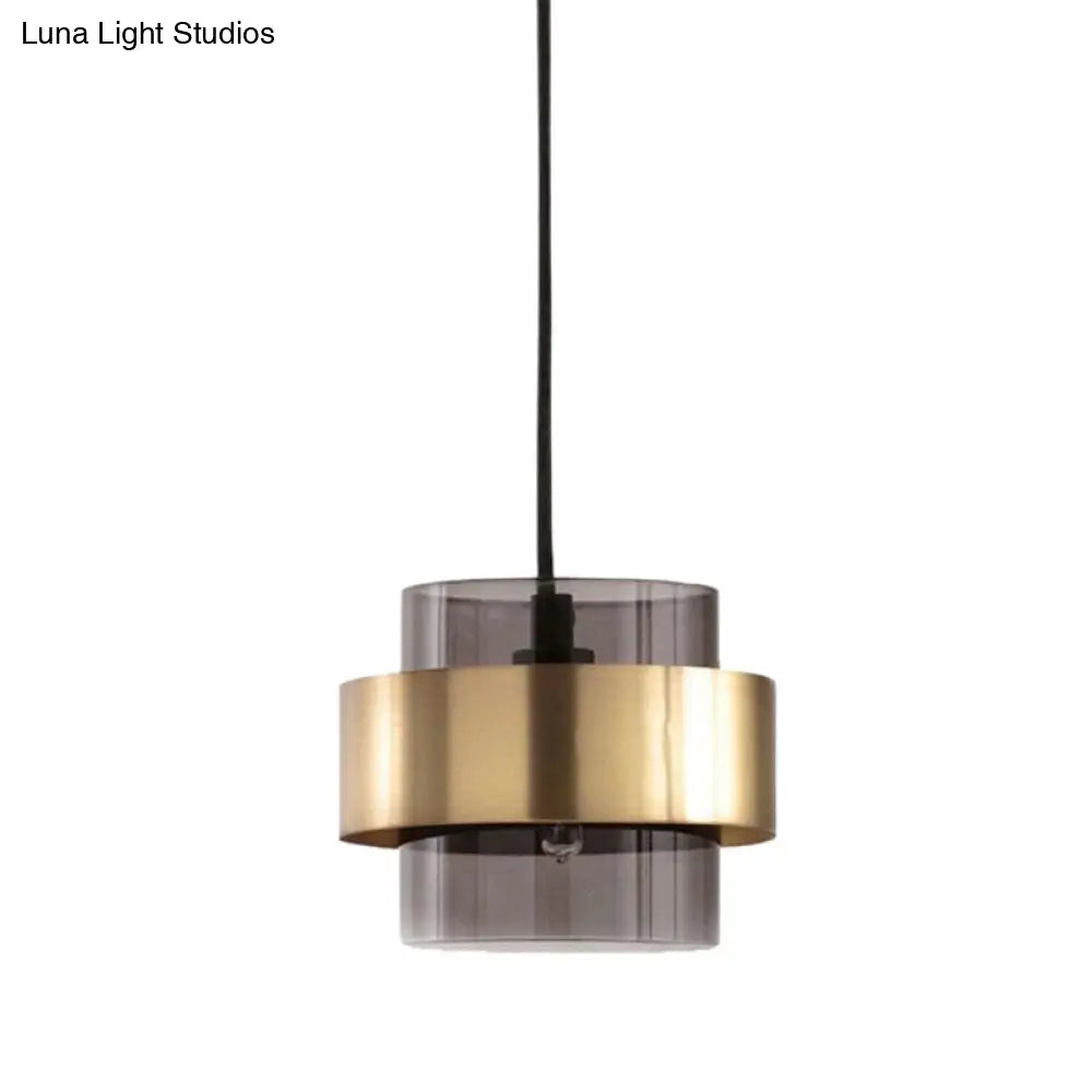 Modern Smoke Gray Glass Pendant Light With Gold Accent - Cylinder Design