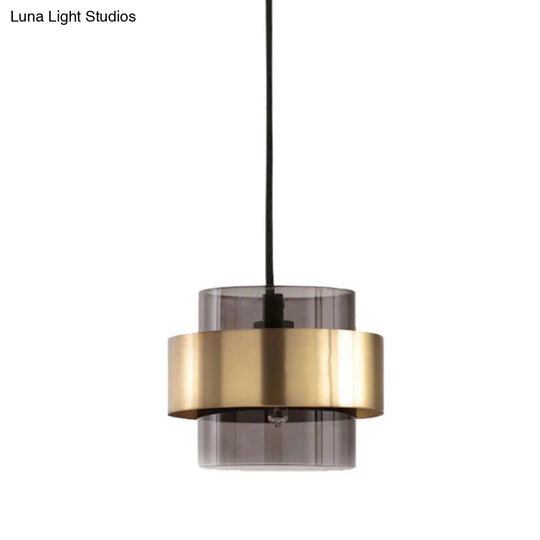 Modern Smoke Gray Glass Pendant Light With Gold Accent - Cylinder Design