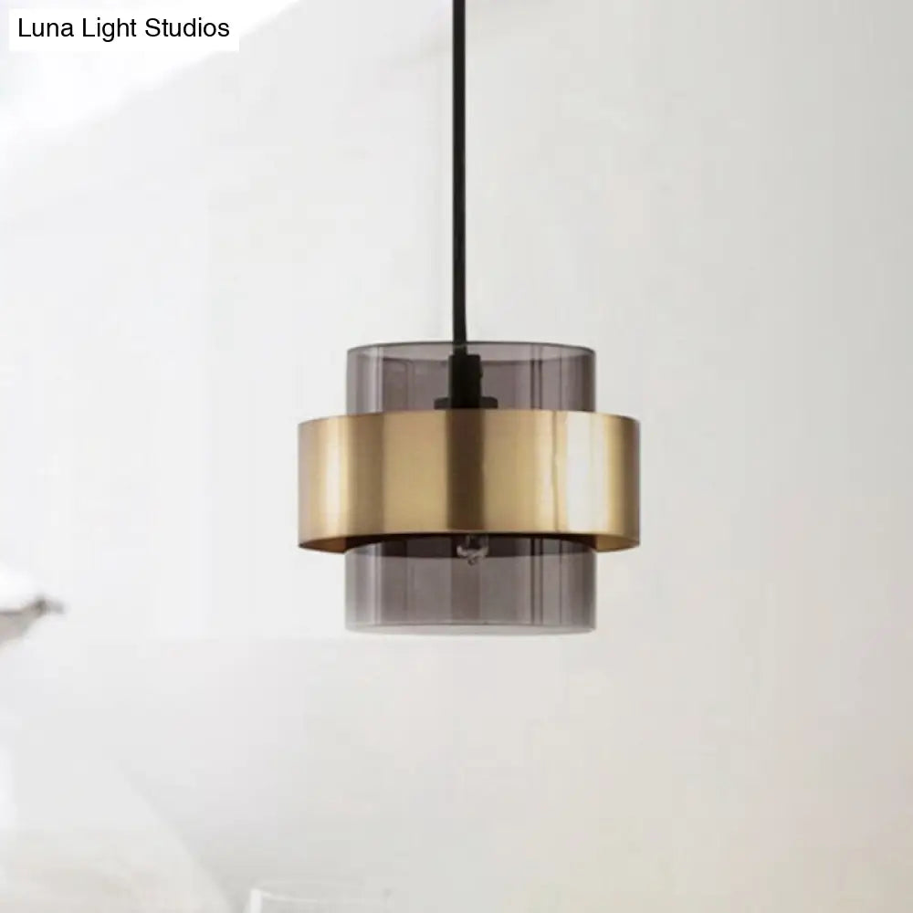 Modern Smoke Gray Glass Cylinder Pendant Light With Gold Accents