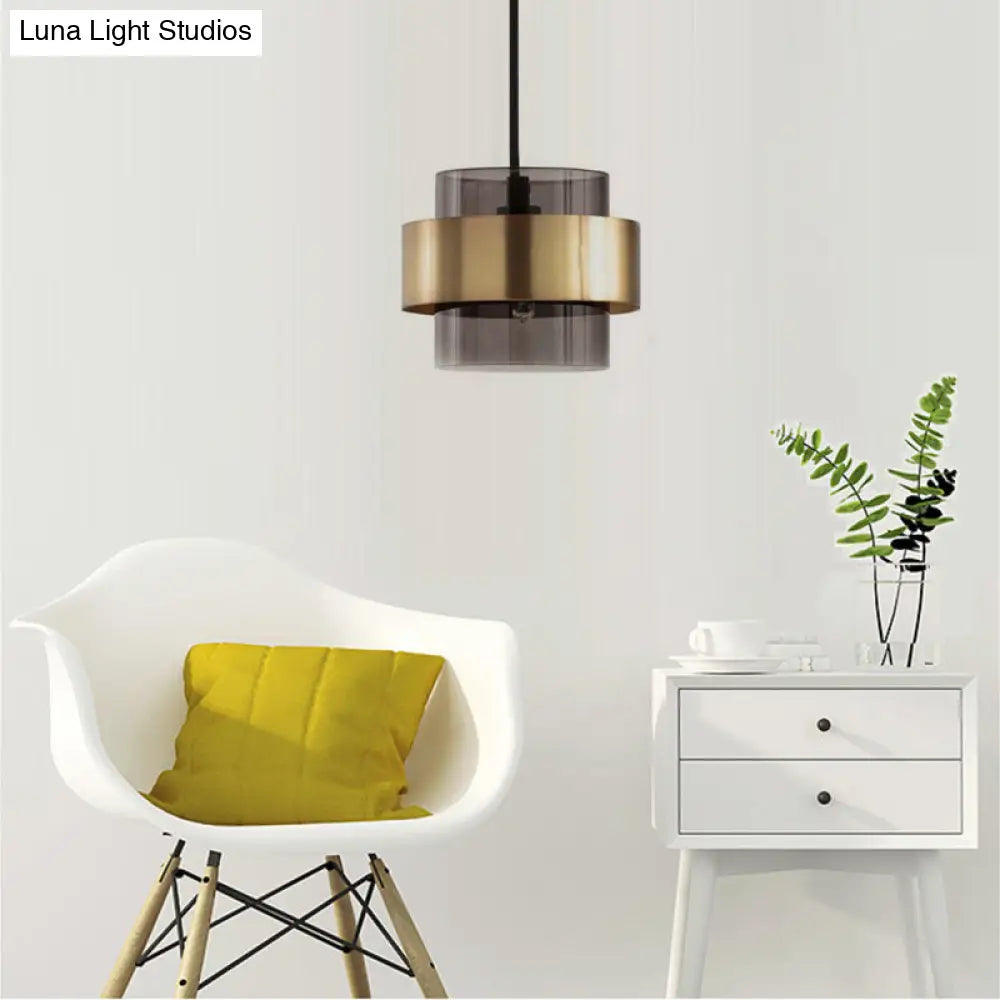 Modern Smoke Gray Glass Cylinder Pendant Light With Gold Accents