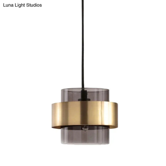 Modern Smoke Gray Glass Cylinder Pendant Light With Gold Accents