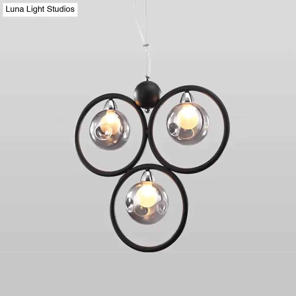 Modern Smoke Grey Glass Dimpled Ball Pendant Chandelier - 3 Bulbs Black Hoop Arm