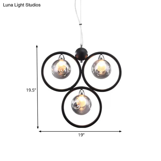 Modern Smoke Grey Glass Dimpled Ball Pendant Chandelier - 3 Bulbs Black Hoop Arm