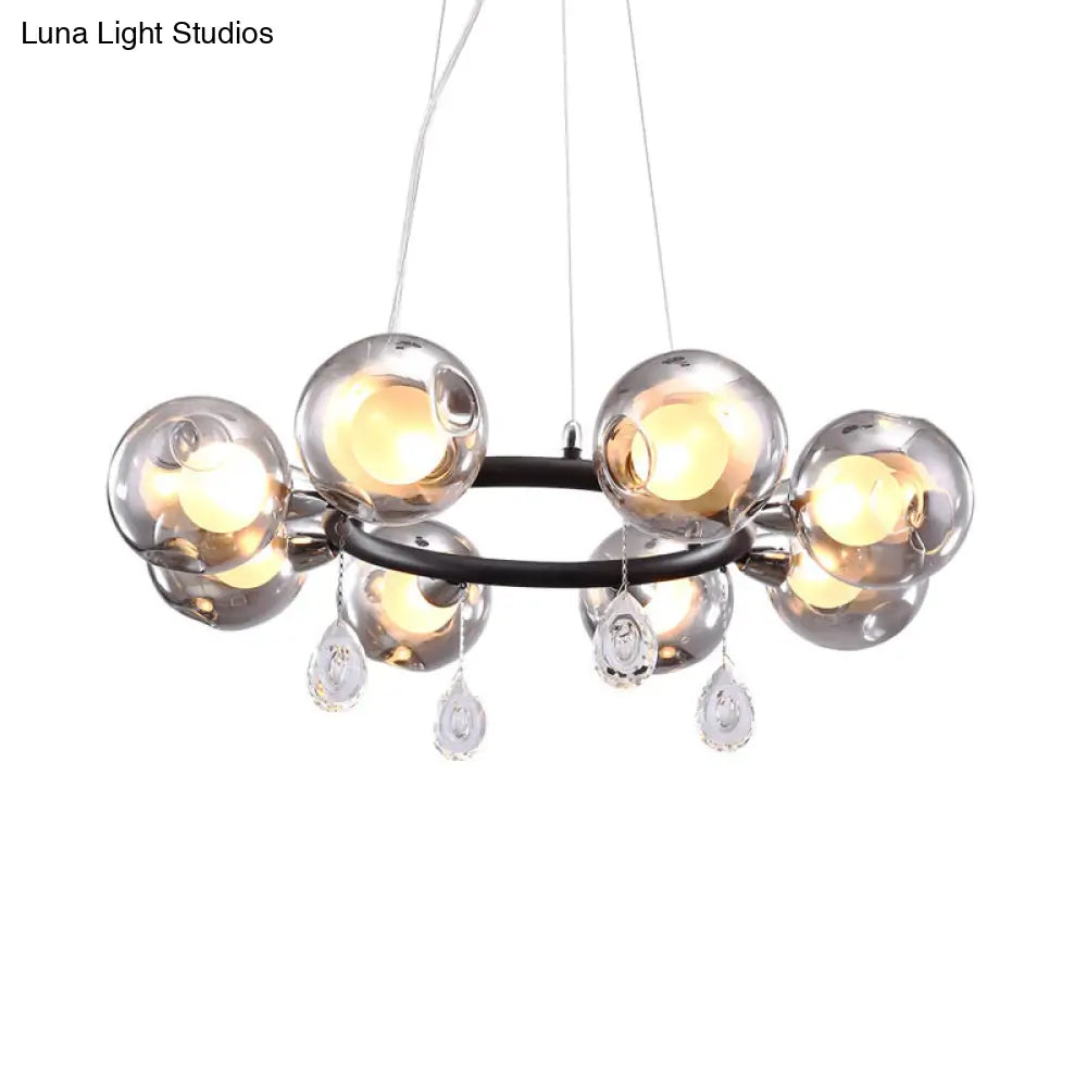 Modern Smoke Grey Glass Orb Pendant Chandelier - 8-Light Circular Design With Droplet