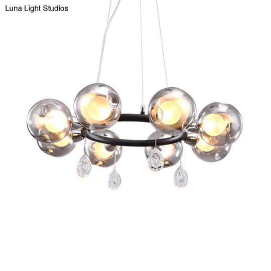 Modern Smoke Grey Glass Orb Pendant Chandelier - 8-Light Circular Design With Droplet