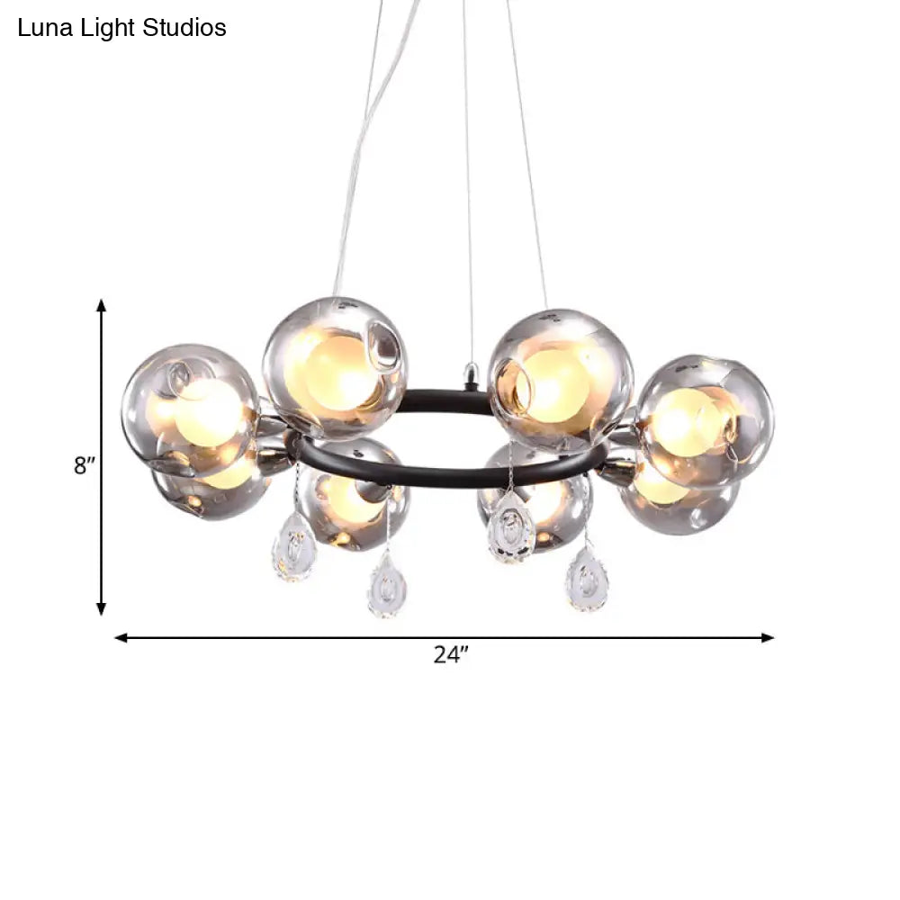 Modern Smoke Grey Glass Orb Pendant Chandelier - 8-Light Circular Design With Droplet