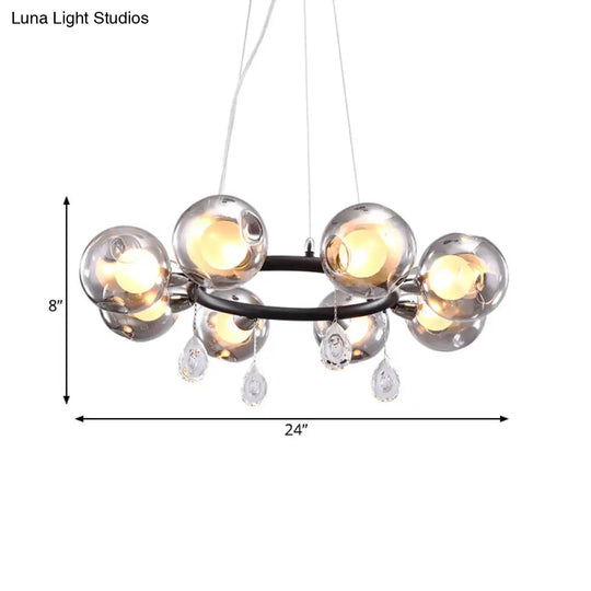 Modern Smoke Grey Glass Orb Pendant Chandelier - 8-Light Circular Design With Droplet