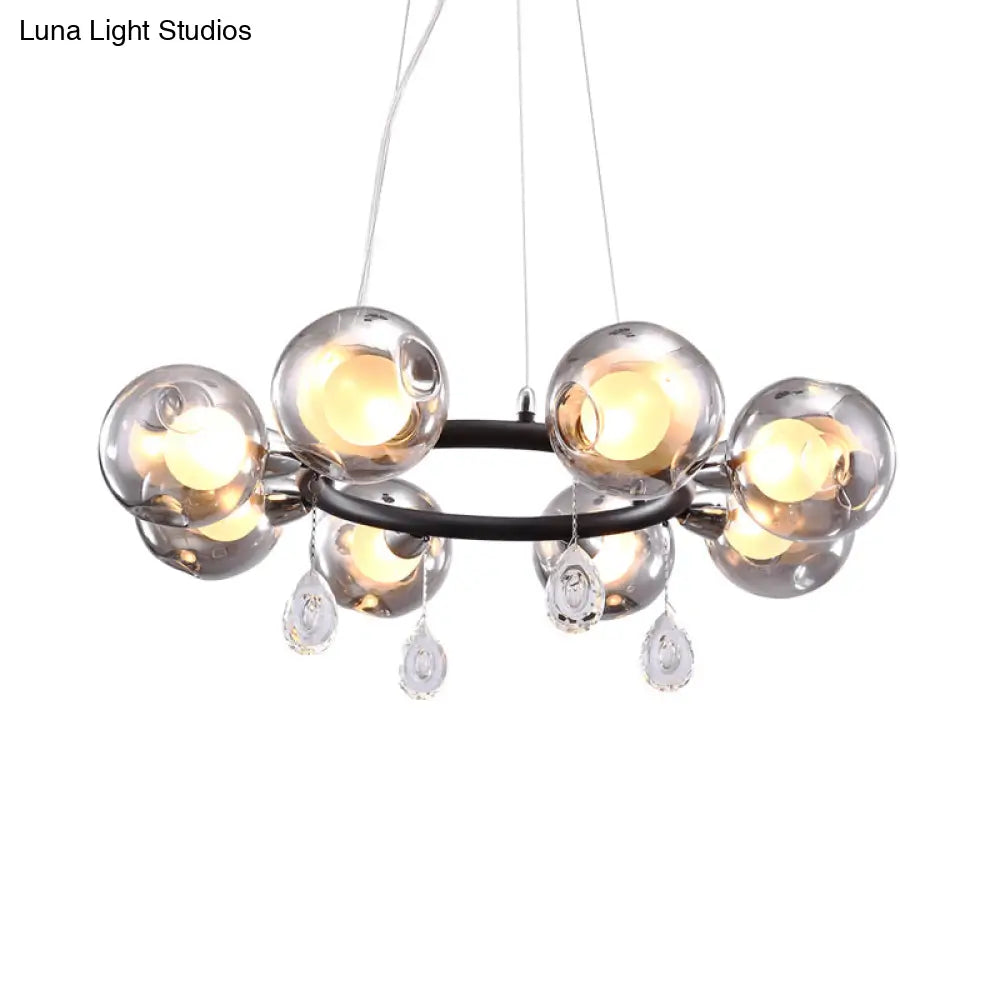 Modern Smoke Grey Glass Orb Pendant Chandelier With Droplet - 8 Lights Black