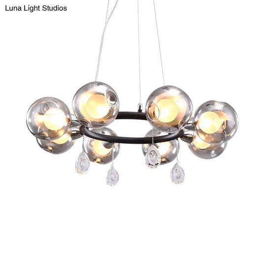 Modern Smoke Grey Glass Orb Pendant Chandelier With Droplet - 8 Lights Black